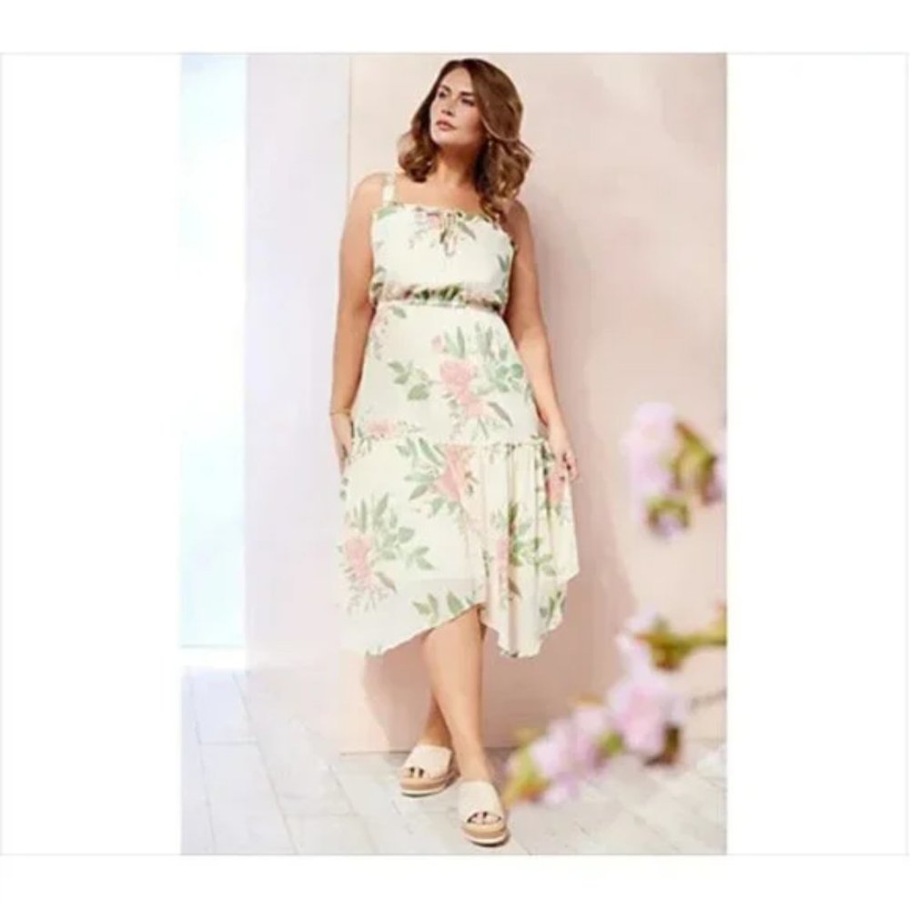 All Worthy Hunter McGrady XL Printed Chiffon Tiered Dress Whisper White …
